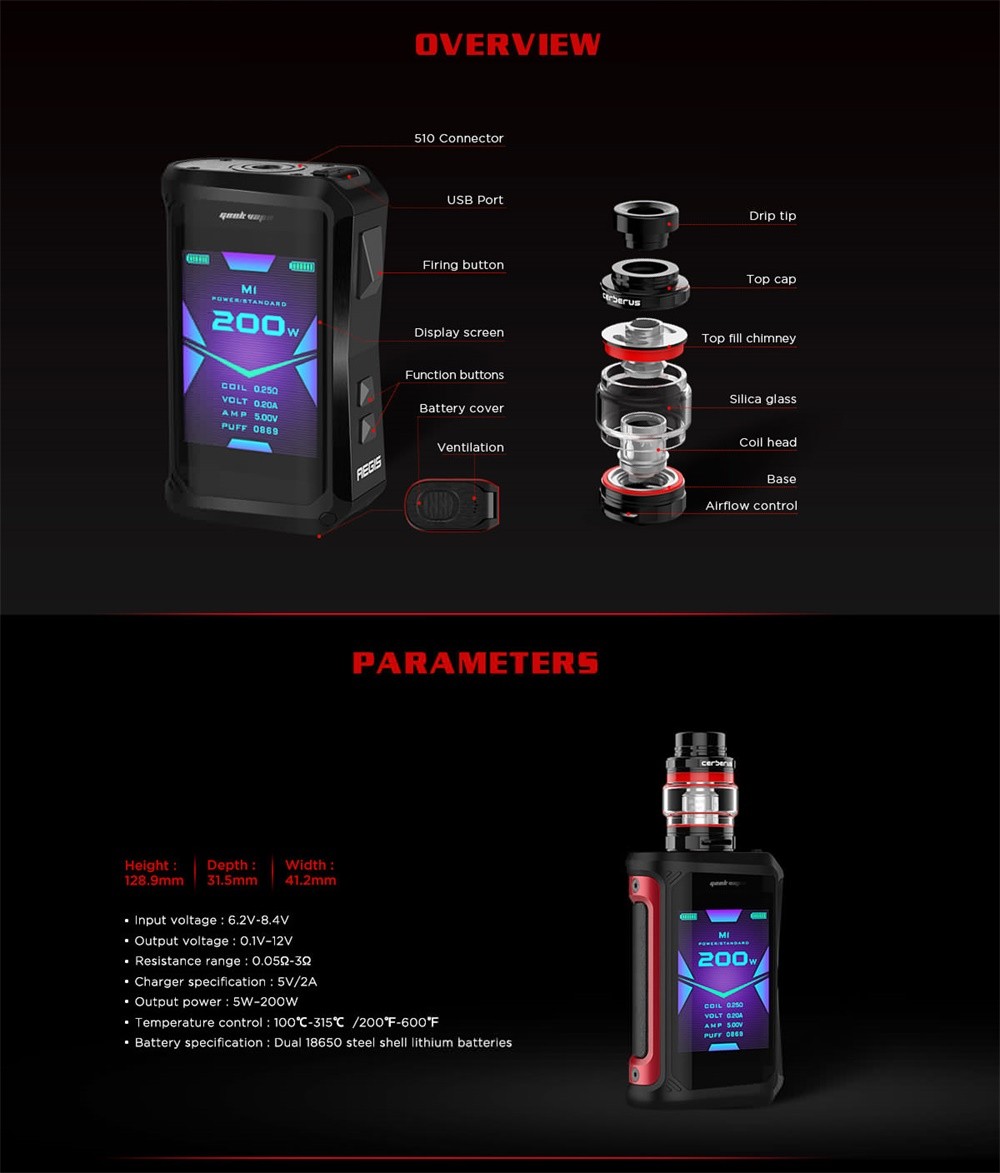 Geekvape Aegis X Kit 200W parameters